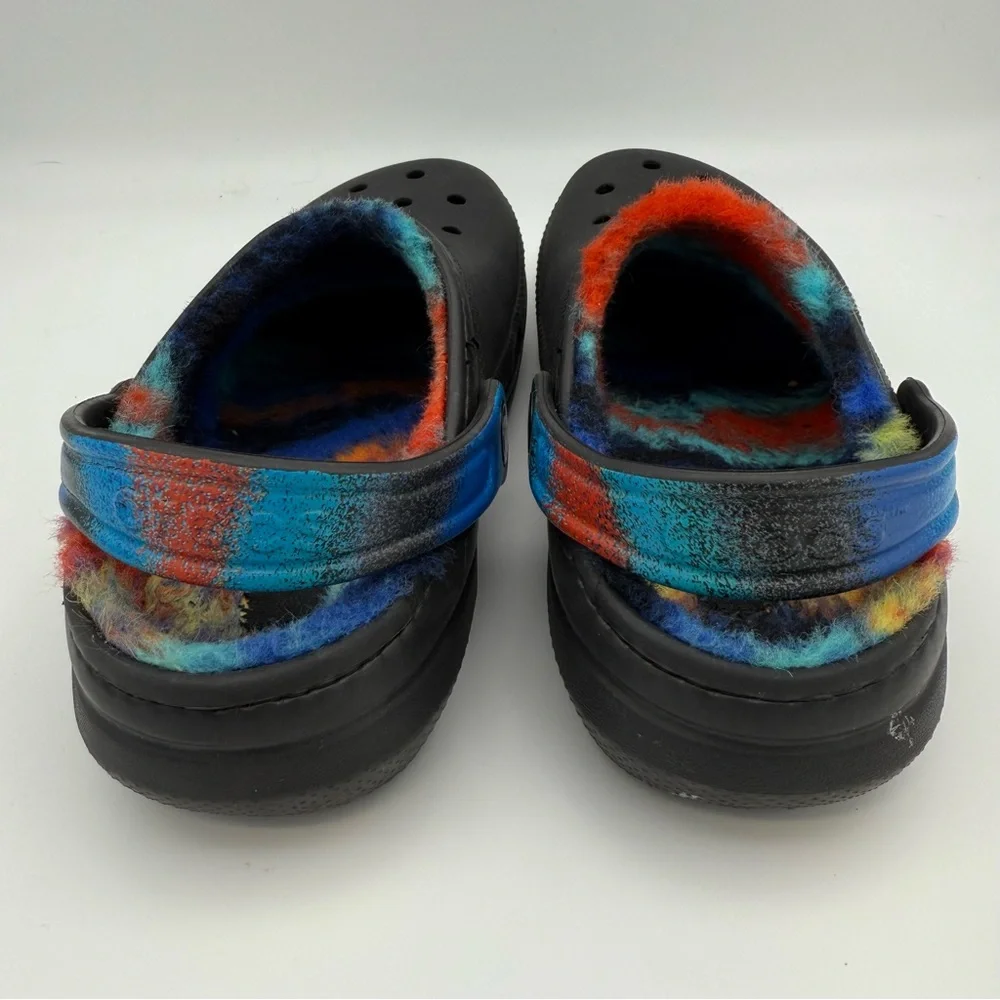 Kid’s Junior Youth Crocs Classic Black Rainbow Fleece Lined Slip-On Clogs Size 3
